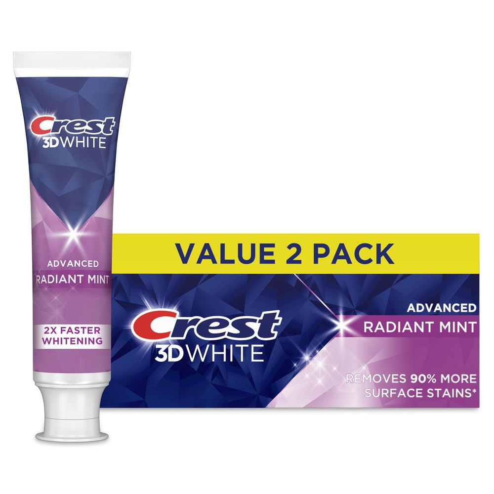 Crest 3D White Advanced Teeth Whitening Toothpaste for Adults, Radiant Mint, 3.3 oz - Pack of 2