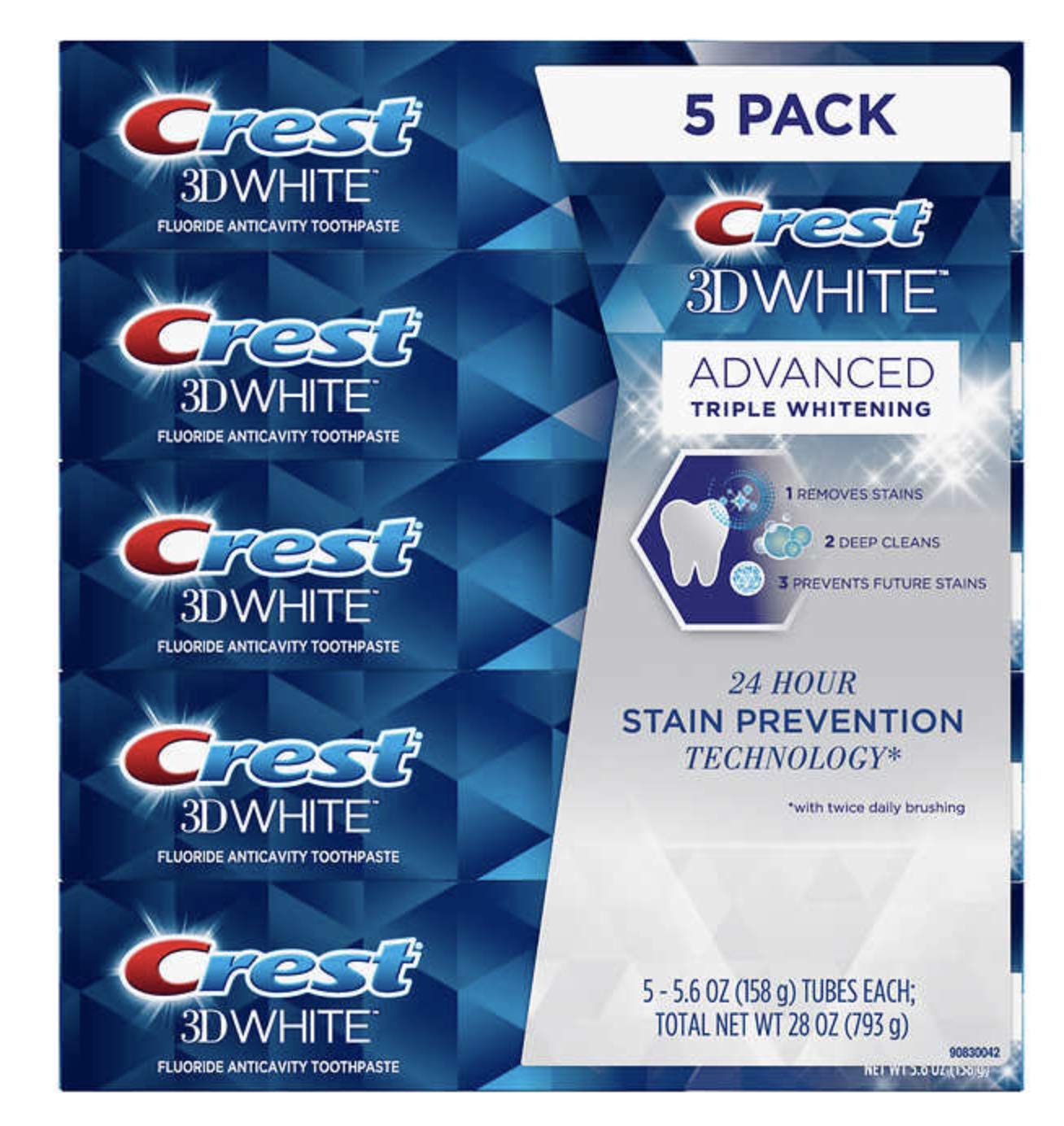 Crest 3D White Advanced Whitening Toothpaste, 5-Pack, 5.6 Oz Each